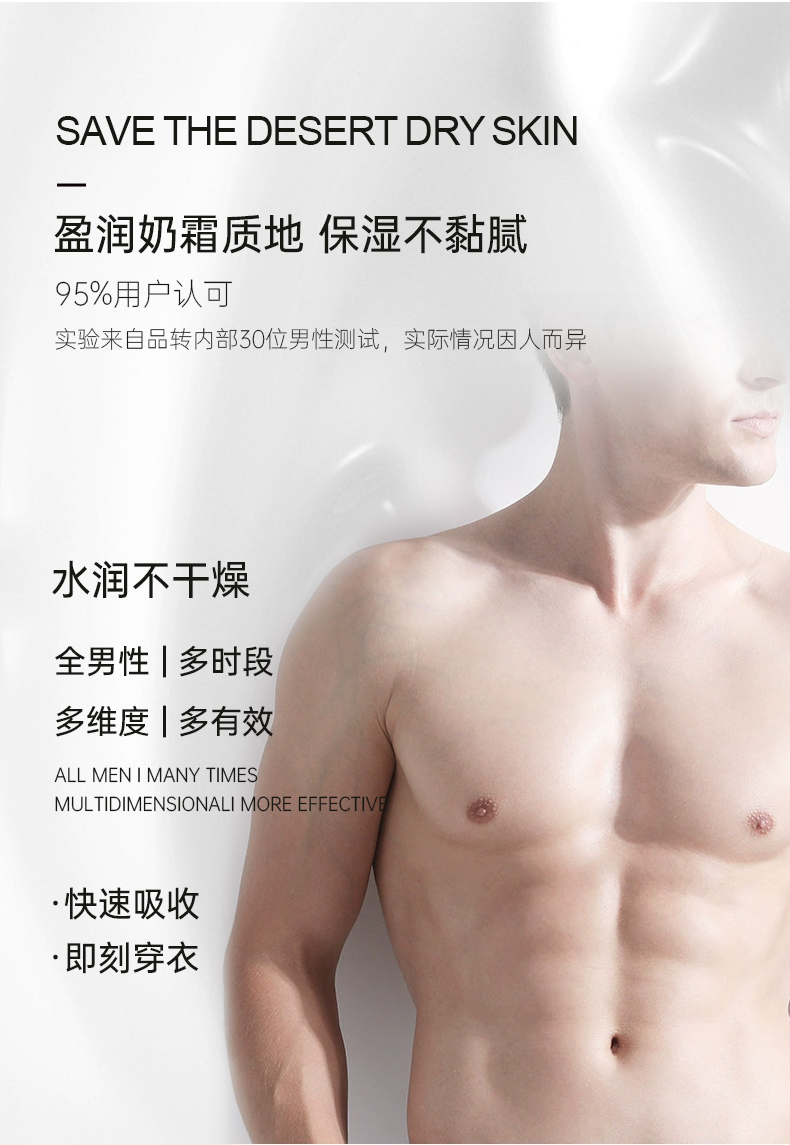 盈潤奶霜質(zhì)地，保濕不粘膩，獲得95%用戶認(rèn)可，實(shí)驗來自品轉(zhuǎn)內(nèi)部30位男性測試，實(shí)際情況因人而異